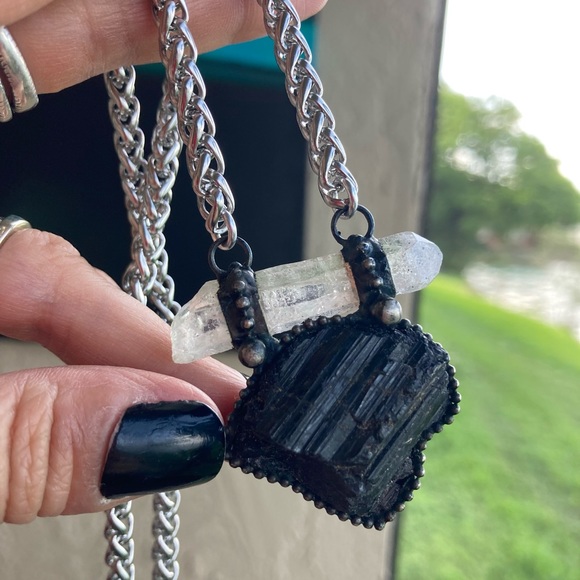 Natural black tourmaline & crystal quartz charm boho goth necklace . - Picture 6 of 14